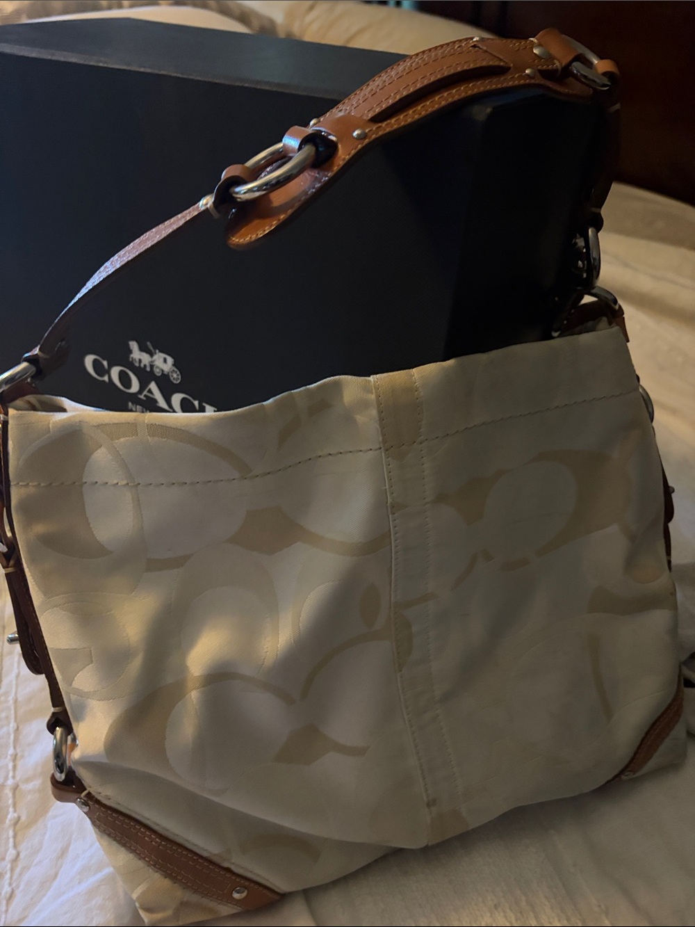 Coach Beige and Brown Signature Hobo Shoulder Bag